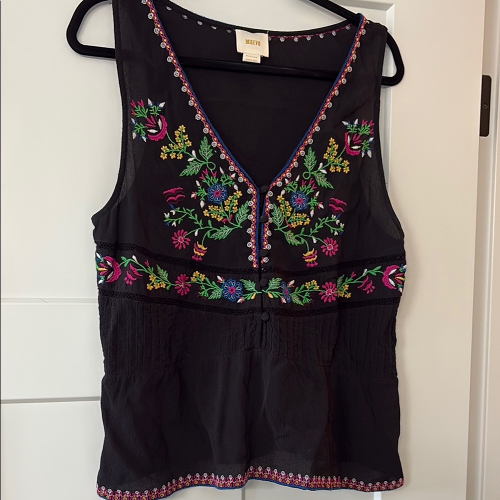 Maeve Black Floral Embroidered Tank Top